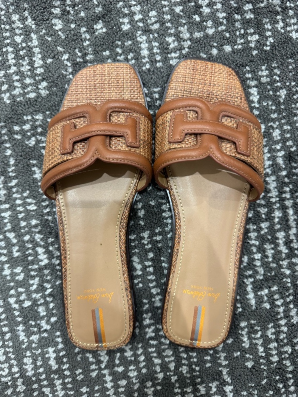 Sam Edelman Tan Woven Leather-Trim Slide Sandals